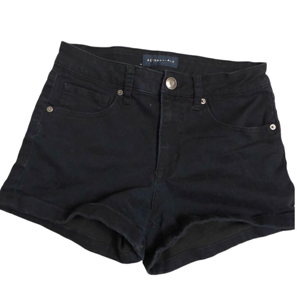 Aeropostale black goth Denim Cuffed Shortie Shorts Hi rise stretch 4